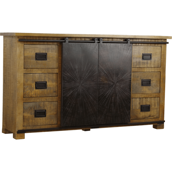 Bradley Dressoir met massief houten ontwerp en industriële metalen schuifdeuren.