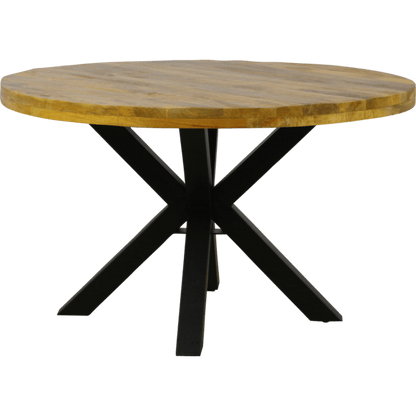 Ronde eetkamer tafel van mangohout met zwart stalen matrixpoot, tafelblad 120 cm dik, rustiek design.